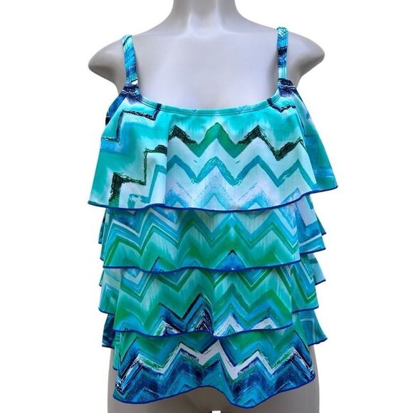 CEEB Swim Tankini Top Womens Size 12 Bathing Suit Top Blue Green Layered Ruffle - Picture 9 of 13